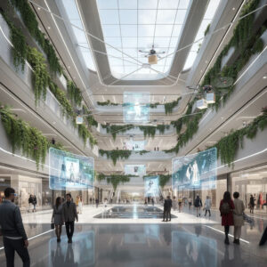 A conceptual and futuristic rendering of a shopping mall, integrating vertical green spaces, drone delivery routes, and interactive holographic displays, symbolizing the future of retail experience innovation.