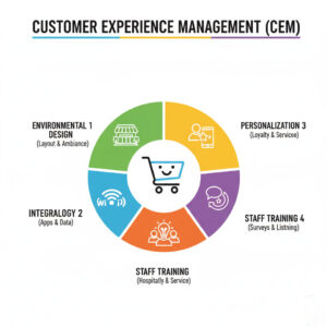 A colorful infographic illustrating five key pillars of Customer Experience Management (CEM) in shopping malls: Environmental Design, Technology Integration, Personalization, Staff Training, and Feedback Loop, with a shopping cart icon at the center.