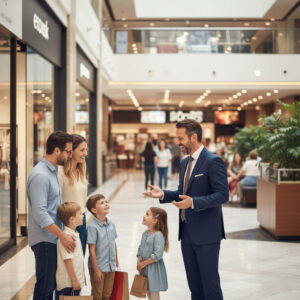 A friendly and professional mall manager engaging in conversation and laughter with a family in the mall corridor, demonstrating commitment to customer service and human interaction.