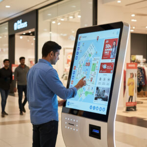 A customer interacting with a modern digital touchscreen kiosk in a shopping mall, displaying a mall map and special promotions, symbolizing technology's role in enhancing the shopping experience.