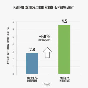 A bar chart illustrating significant improvement in patient satisfaction scores. The 'Before PX Initiative' bar shows a score of 2.8, while the 'After PX Initiative' bar displays a substantially higher score of 4.5, representing a +60% improvement. The vertical axis is labeled 'Average Satisfaction Score (out of 5)' and the horizontal axis is 'Phase'.