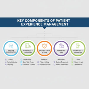An infographic illustrating the 5 key components of Patient Experience Management: Effective Communication, Accessibility & Convenience, Quality & Safety of Care, Personalized Care, and Technology & Innovation. Each component is represented by relevant icons and descriptive textual sub-elements.