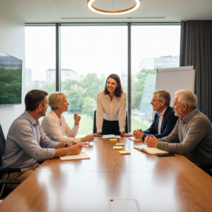 A diverse group of five individuals, including a female facilitator standing at the head of a large wooden conference table, engaged in a discussion. Participants, including middle-aged and senior individuals, are seated, some with notebooks and pens, actively listening and contributing. Large windows overlook an urban green space, and a whiteboard is visible in the background, creating a bright and modern meeting environment.
