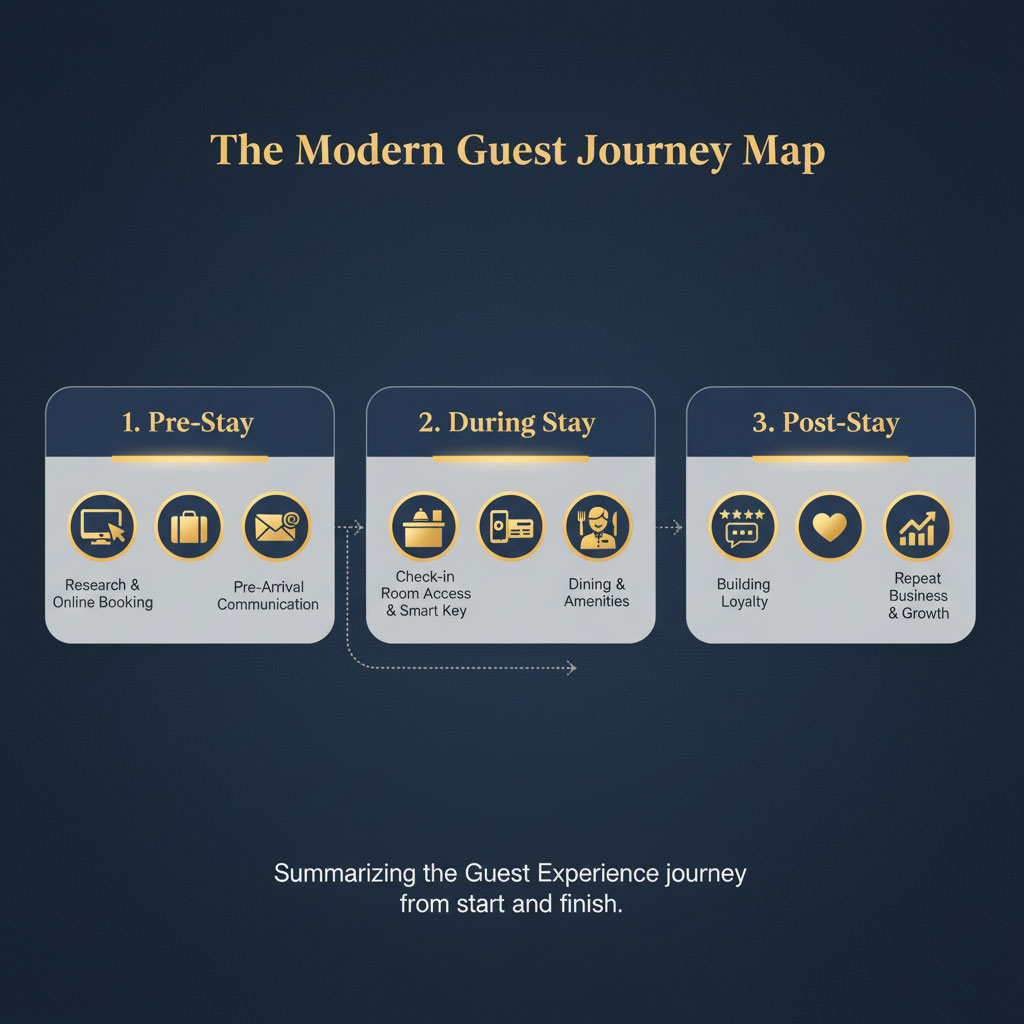 Infographic showing the three phases of the modern hotel guest journey: Pre-Stay, During Stay, and Post-Stay with relevant icons.