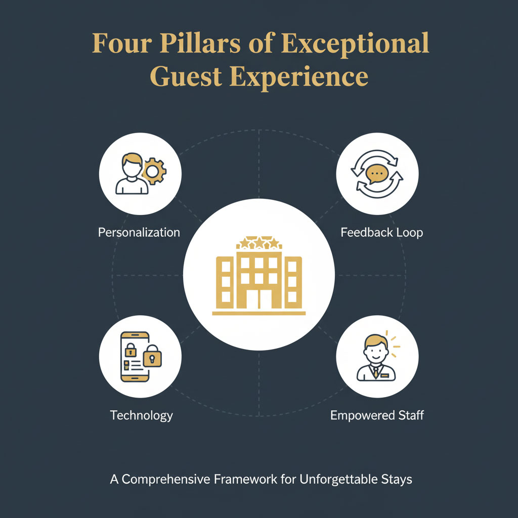 Infographic detailing the four pillars of successful hotel guest experience: Personalization, Technology, Empowered Staff, and Feedback Loop, surrounding a central hotel icon.