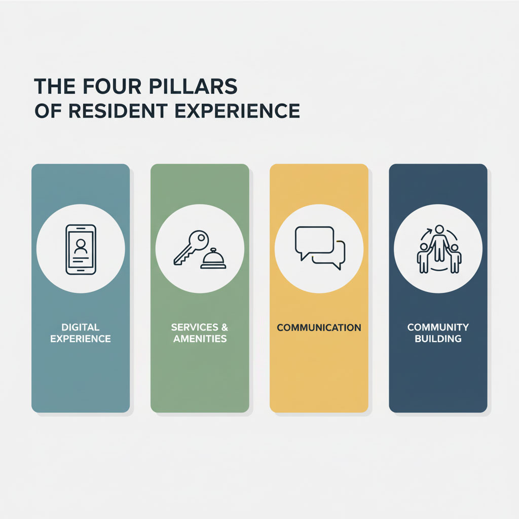 An infographic titled "The Four Pillars of Resident Experience" showing four vertical columns: Digital Experience (smartphone icon), Services & Amenities (key and bell icon), Communication (speech bubbles), and Community Building (group of people icon).