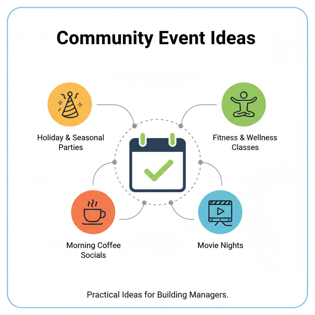 An infographic showing various community event ideas for residential buildings, with a central calendar icon and surrounding icons for holiday parties, fitness classes, coffee socials, and movie nights.