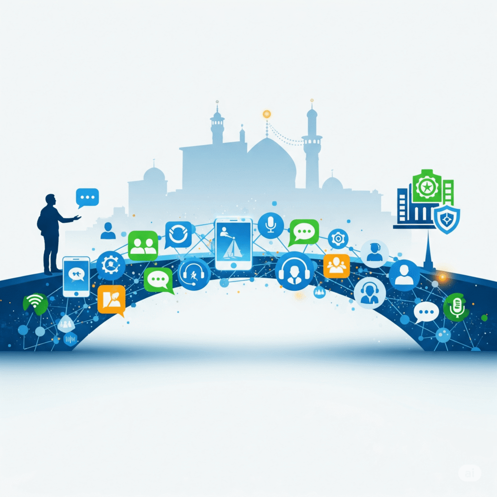 A conceptual image of a communication bridge made of digital and human service icons, connecting a citizen to the Mashhad city administration, symbolizing an integrated citizen experience.