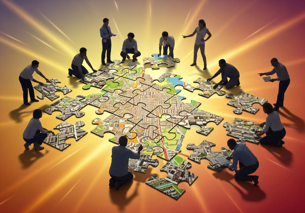 A conceptual image of diverse citizens collaborating to build a city map jigsaw puzzle, symbolizing community building, teamwork, and civic participation.