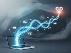 Conceptual image of the digital customer journey, showing a glowing path from a laptop to a heart, symbolizing the journey from awareness to loyalty through various online touchpoints.