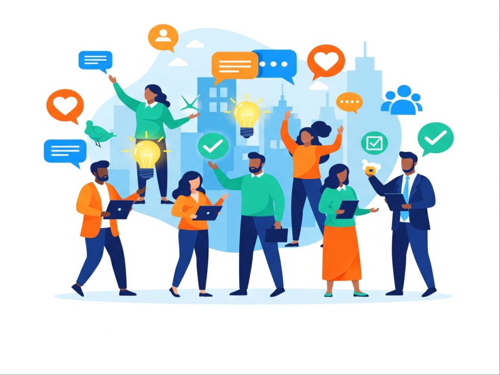 A modern illustration of a diverse group of citizens actively engaging with civic participation icons like dialogue bubbles and ideas, symbolizing a dynamic and progressive community.