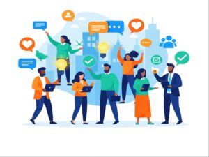 A modern illustration of a diverse group of citizens actively engaging with civic participation icons like dialogue bubbles and ideas, symbolizing a dynamic and progressive community.