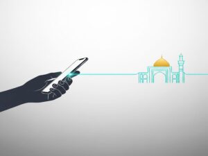 A minimalist illustration showing a hand holding a smartphone, with a glowing line extending from the screen to form the outline of the Imam Reza Shrine, symbolizing a smart city connection.