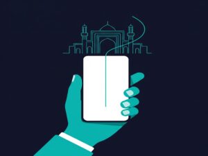 A minimalist illustration of a hand holding a smartphone, with a line of light extending from its screen to draw the outline of the Imam Reza Shrine, symbolizing the connection between technology and the city of Mashhad.