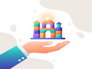 An illustration of a professional hand holding a colorful castle made of children's building blocks, with a warm glow symbolizing a positive kindergarten experience.