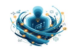 An abstract and professional illustration depicting a human silhouette with a lightbulb inside, surrounded by swirling lines, arrows, and icons representing growth, data, communication, and innovation in a digital environment.
