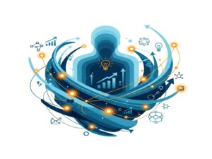 An abstract and professional illustration depicting a human silhouette with a lightbulb inside, surrounded by swirling lines, arrows, and icons representing growth, data, communication, and innovation in a digital environment.