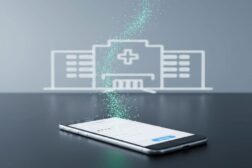 A professional and clean conceptual image showing a smartphone displaying a survey form, with glowing data particles flowing upwards towards a stylized outline of a hospital in the background, symbolizing digital patient feedback.