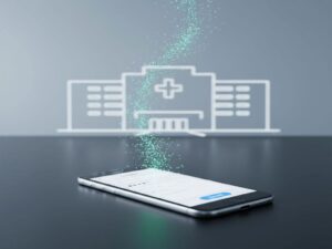 A professional and clean conceptual image showing a smartphone displaying a survey form, with glowing data particles flowing upwards towards a stylized outline of a hospital in the background, symbolizing digital patient feedback.