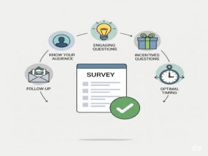 A minimalist featured image for a blog post on increasing online survey response rates. It shows a central survey icon with a checkmark, surrounded by five icons representing key strategies: know your audience, engaging questions, incentives, optimal timing, and follow-up.