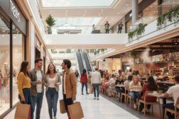 Modern, bright shopping mall with happy customers browsing and dining in the food court, indicating a positive and dynamic customer experience.