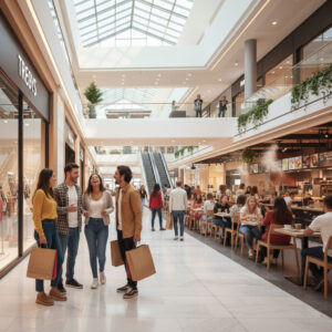 Modern, bright shopping mall with happy customers browsing and dining in the food court, indicating a positive and dynamic customer experience.