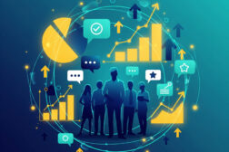 An abstract illustration of employee silhouettes surrounded by glowing data charts, feedback bubbles, and growth arrows, symbolizing insights from organizational surveys.