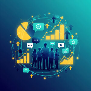An abstract illustration of employee silhouettes surrounded by glowing data charts, feedback bubbles, and growth arrows, symbolizing insights from organizational surveys.