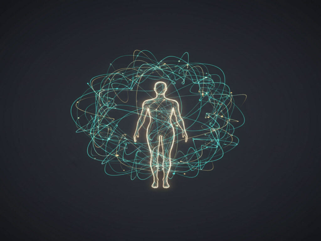 A luminous, stylized outline of a human figure standing upright, glowing with a soft golden light. The figure is enveloped by a dynamic, intricate sphere of intertwining, glowing lines and subtle dots in shades of blue-green and gold, set against a dark, muted background. The lines appear to be in motion, forming a complex, interconnected network around the central human form.