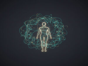 A luminous, stylized outline of a human figure standing upright, glowing with a soft golden light. The figure is enveloped by a dynamic, intricate sphere of intertwining, glowing lines and subtle dots in shades of blue-green and gold, set against a dark, muted background. The lines appear to be in motion, forming a complex, interconnected network around the central human form.