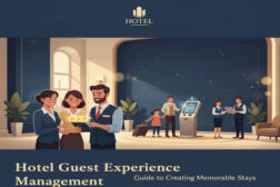 Hotel Guest Experience Management showing staff greeting a family at check-in, key pillars, and the guest journey.