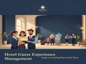 Hotel Guest Experience Management showing staff greeting a family at check-in, key pillars, and the guest journey.