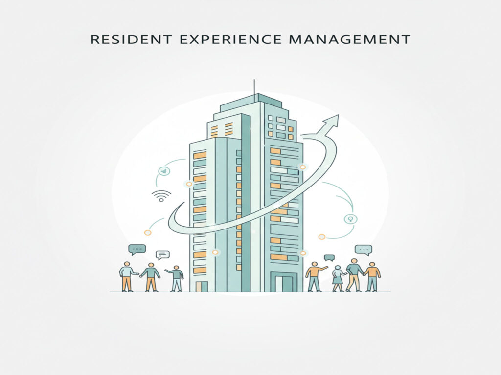 A minimalist illustration of a modern residential tower with stylized figures of residents, symbolizing community and a positive living experience.