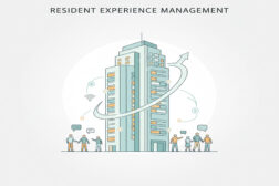 A minimalist illustration of a modern residential tower with stylized figures of residents, symbolizing community and a positive living experience.
