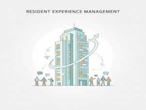 A minimalist illustration of a modern residential tower with stylized figures of residents, symbolizing community and a positive living experience.